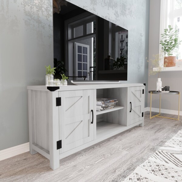 Flash Furniture Charlotte Modern Farmhouse Barn Door TV Stand in Light Gray for TV's up to 65in. w/Adjustable Shelf GC-MBLK67-LTGY-GG - main